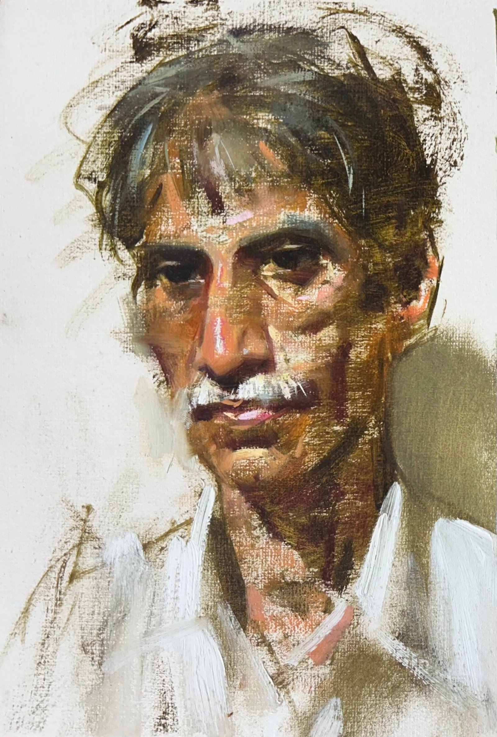 Head study of a villager, oil on toned board, the raw board left showing at the edges