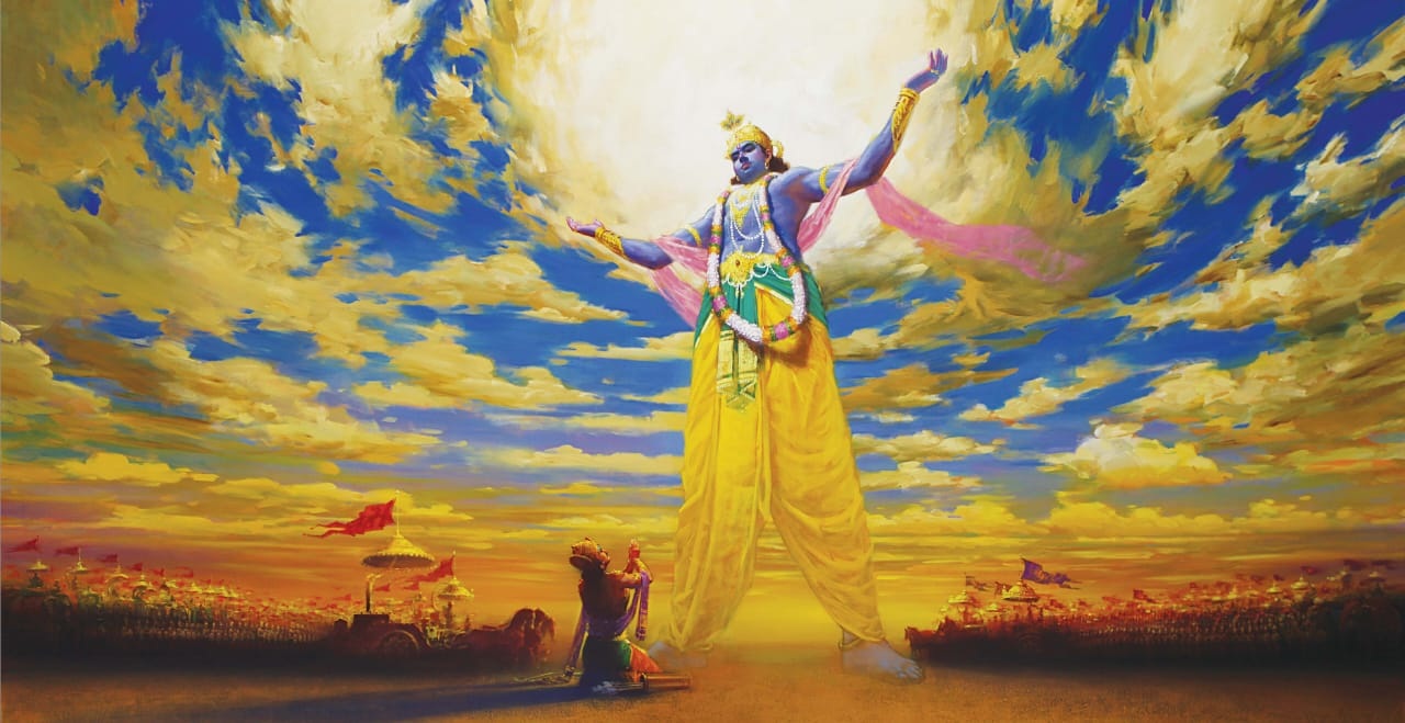 Vishwaroop Darshan — Krishna revealing the universal form to Arjuna at Kurukshetra